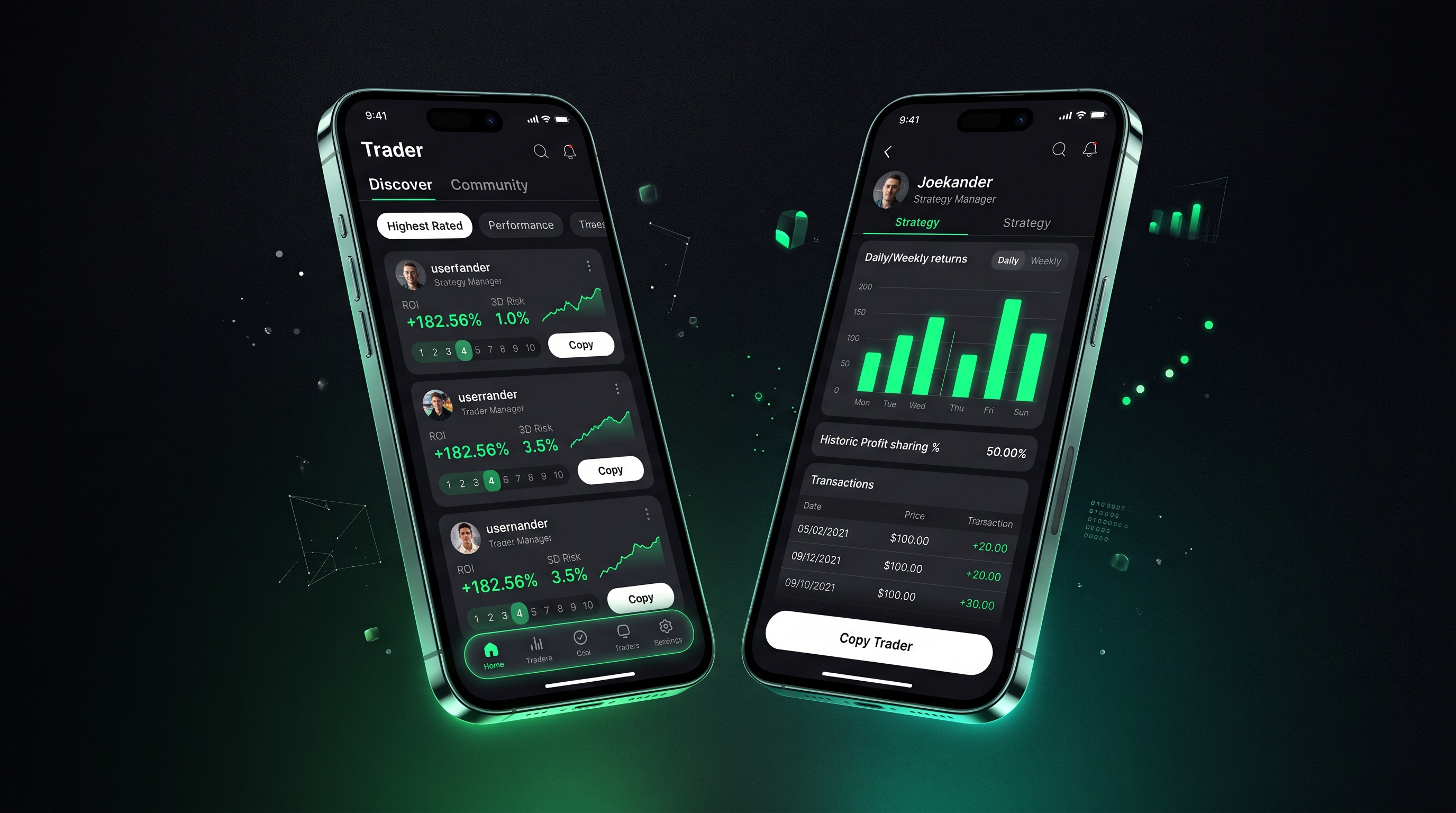 Two smartphones showing responsive copy-trading strategy and portfolio screens